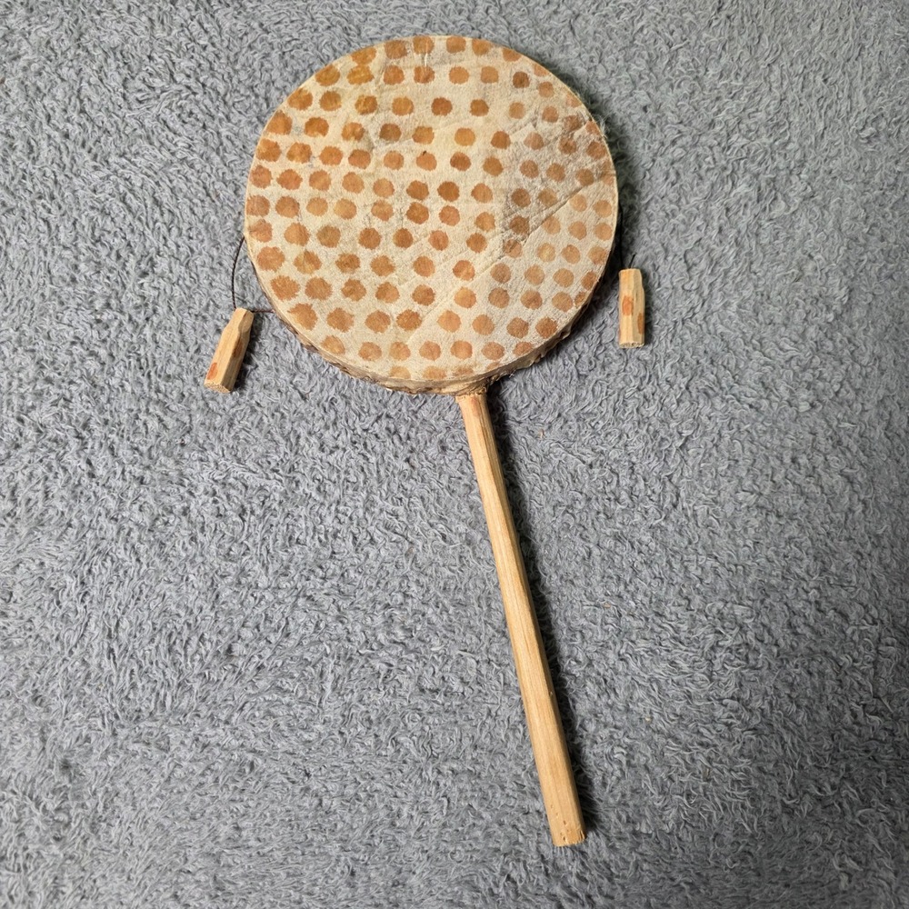 Vintage Pellet Drum Brown Polka Dot Rawhide Wood Folk Instrument African